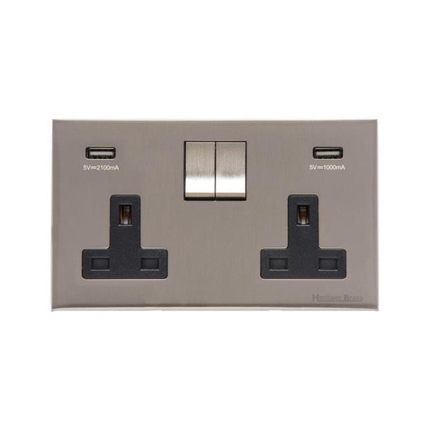 Winchester Range Double USB Socket (13 Amp) in Satin Nickel  - Black Trim