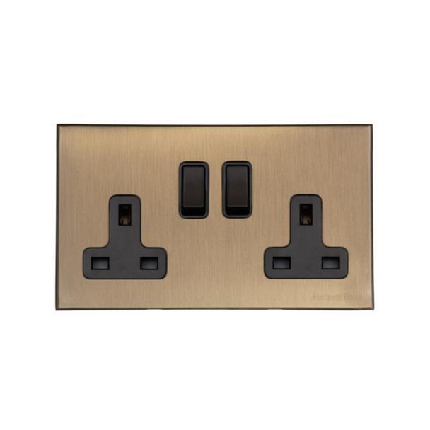 Windsor Range Double Socket (13 Amp) in Matt Antique Brass  - Black Trim