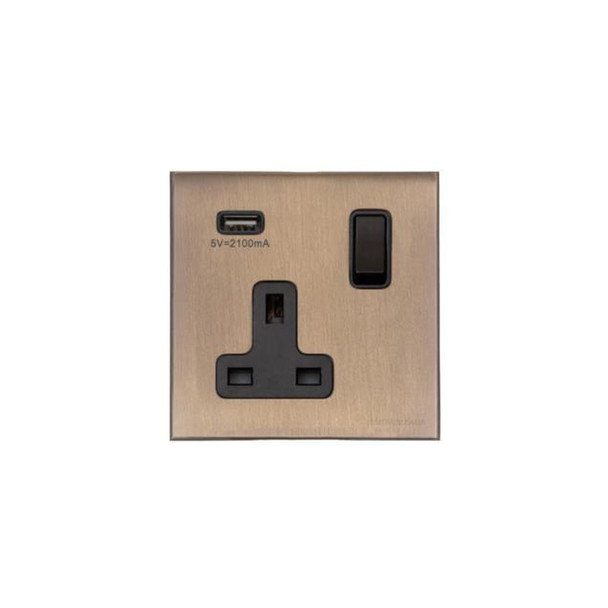 Windsor Range Single USB Socket (13 Amp) in Matt Antique Brass  - Black Trim