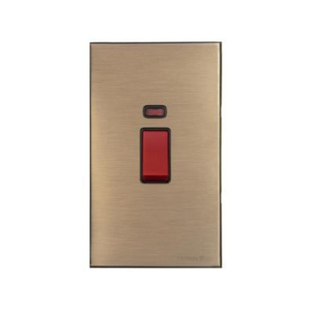 Windsor Range 45A DP Cooker Switch with Neon (tall plate) in Matt Antique Brass  - Black Trim