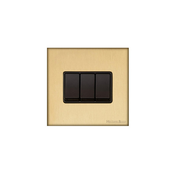 Windsor Range 3 Gang Rocker Switch (10 Amp) in Satin Brass  - Black Trim