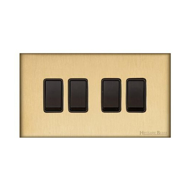 Windsor Range 4 Gang Rocker Switch (10 Amp) in Satin Brass  - Black Trim