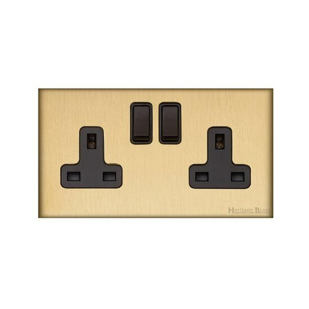 Windsor Range Double Socket (13 Amp) in Satin Brass  - Black Trim