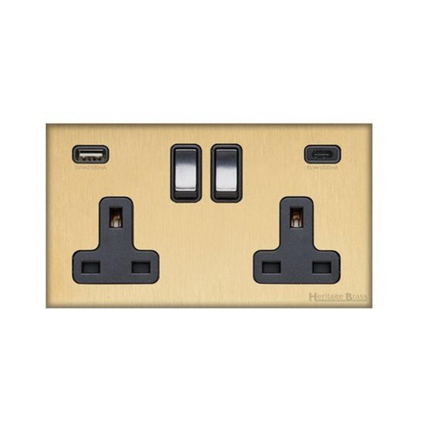 Windsor Range 2G 13A Socket with USB-A & USB-C in Satin Brass  - Black Trim