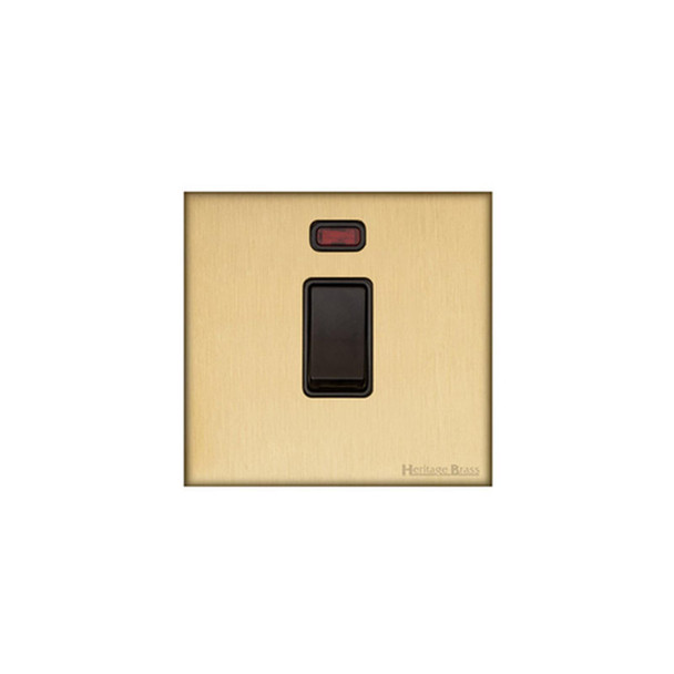 Windsor Range 20A Double Pole Switch with Neon in Satin Brass  - Black Trim