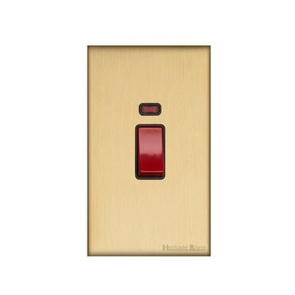 Windsor Range 45A DP Cooker Switch with Neon (tall plate) in Satin Brass  - Black Trim