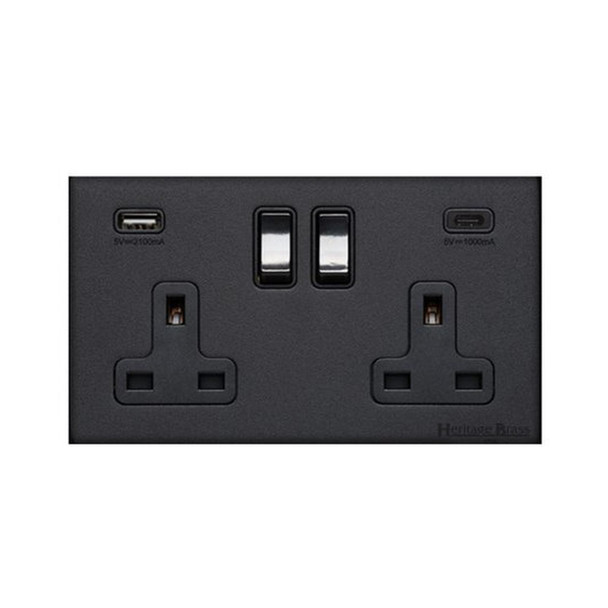 Windsor Range 2G 13A Socket with USB-A & USB-C in Matt Black  - Black Trim