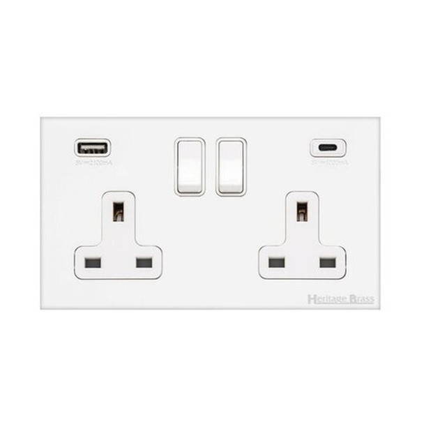 Windsor Range 2G 13A Socket with USB-A & USB-C in Matt White  - White Trim