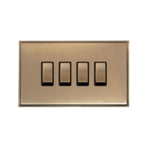 Executive Range 4 Gang Rocker Switch (10 Amp) in Antique Brass  - Black Trim