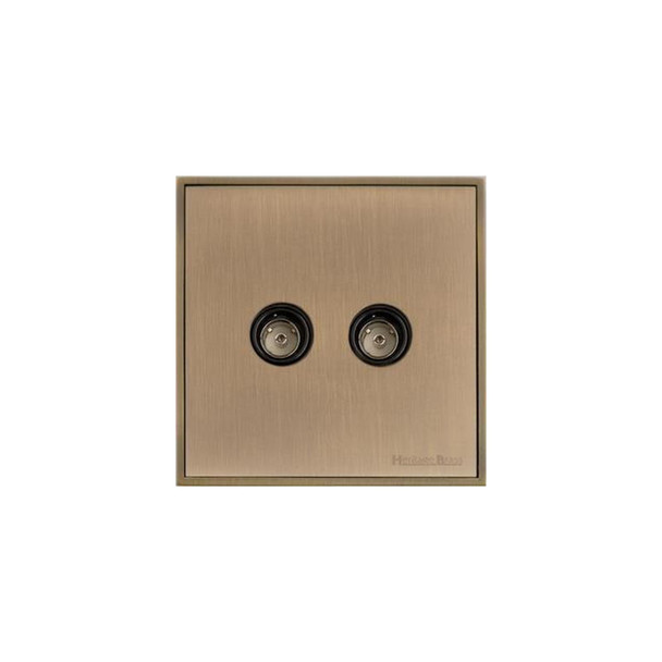 Executive Range 2 Gang TV Coaxial Socket in Antique Brass  - Black Trim