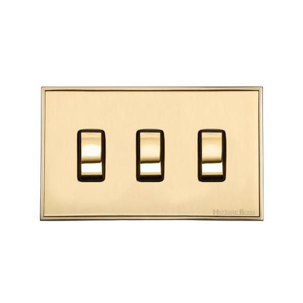 Executive Range 3 Gang Rocker Switch (10 Amp) Double Plate in Satin Brass  - Black Trim