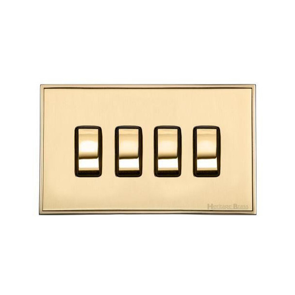 Executive Range 4 Gang Rocker Switch (10 Amp) in Satin Brass  - Black Trim