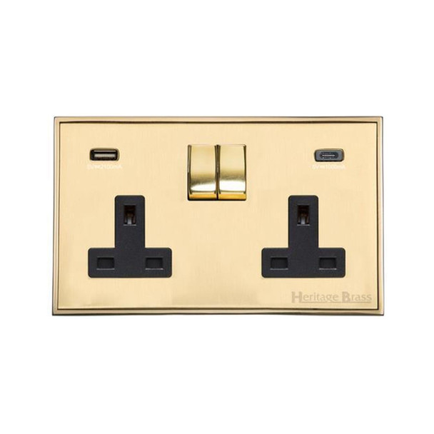 Executive Range 2G 13A Socket with USB-A & USB-C in Satin Brass  - Black Trim