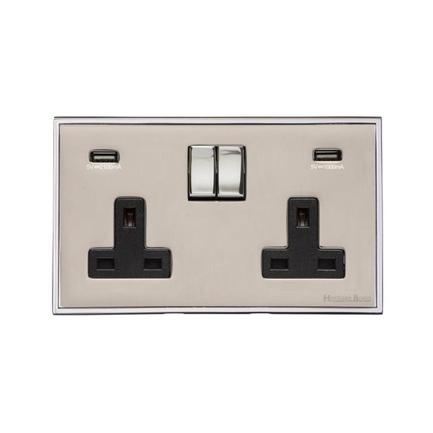 Executive Range Double USB Socket (13 Amp) in Satin Nickel  - Black Trim