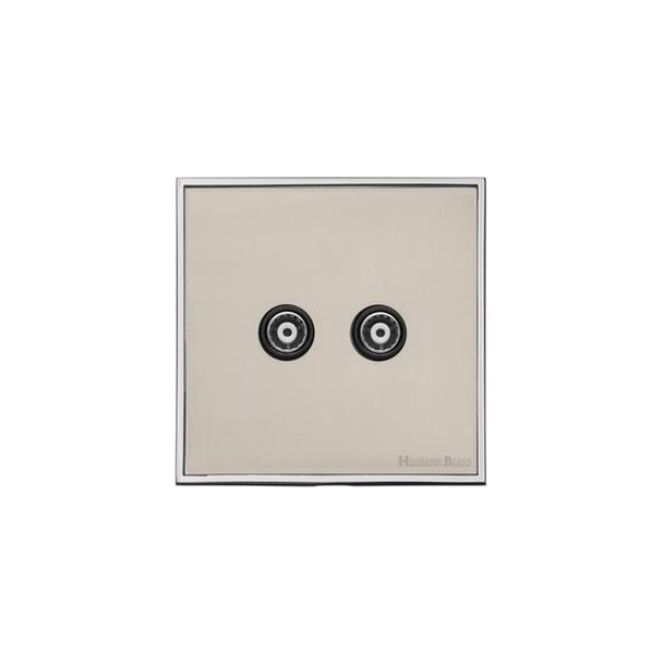 Executive Range 2 Gang TV Coaxial Socket in Satin Nickel  - Black Trim