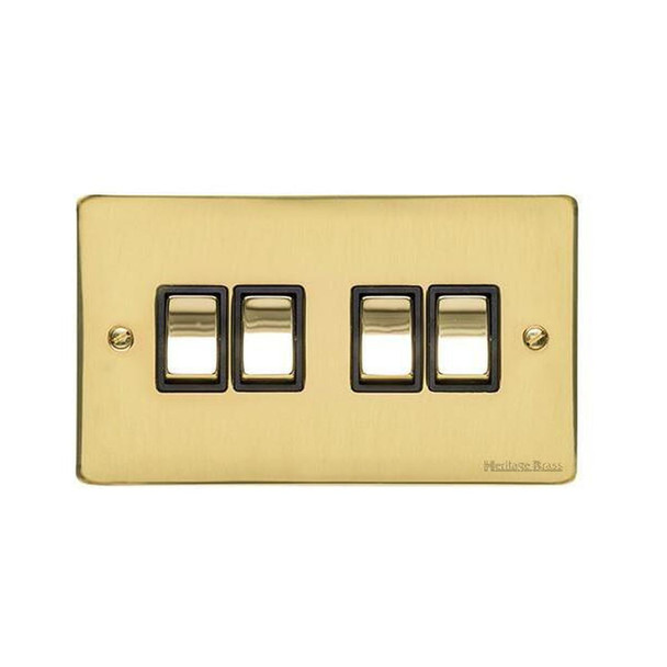 Elite Flat Plate Range 4 Gang Rocker Switch (10 Amp) in Polished Brass  - Black Trim