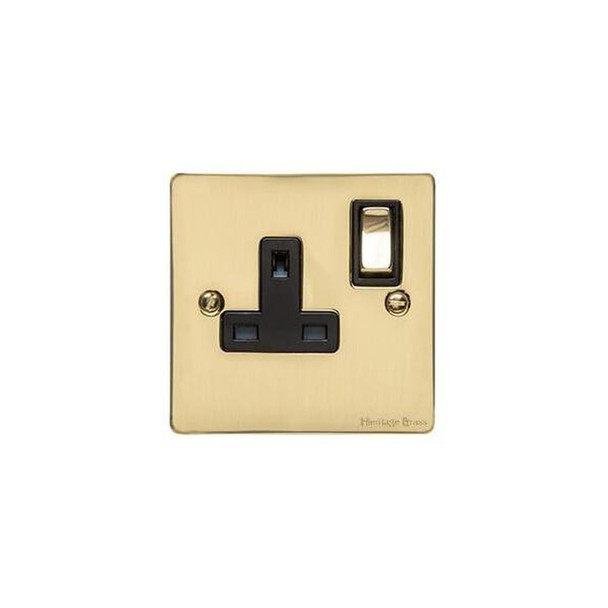 Elite Flat Plate Range Single Socket (13 Amp) in Polished Brass  - Black Trim