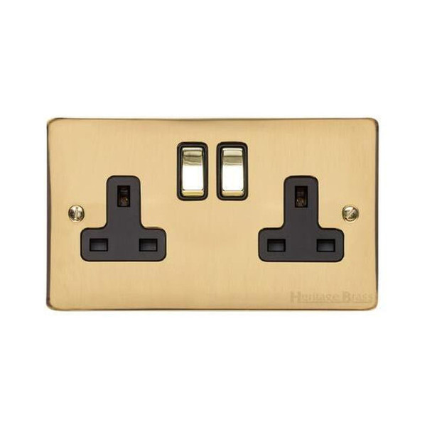 Elite Flat Plate Range Double Socket (13 Amp) in Polished Brass  - Black Trim