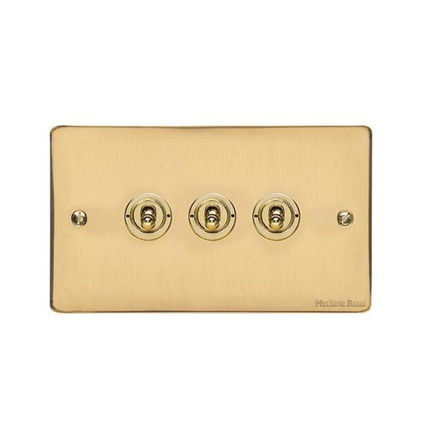 Elite Flat Plate Range 3 Gang Toggle Switch in Polished Brass  - Trimless