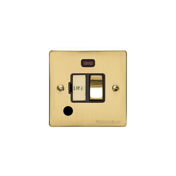 Elite Flat Plate Range Switched Spur with Neon + Cord (13 Amp) in Polished Brass  - Black Trim