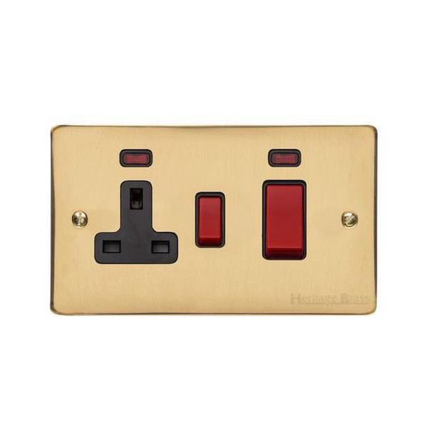 Elite Flat Plate Range 45A Cooker Unit + 13A Socket in Polished Brass  - Black Trim