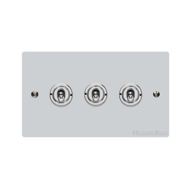 Elite Flat Plate Range 3 Gang Toggle Switch in Polished Chrome  - Trimless