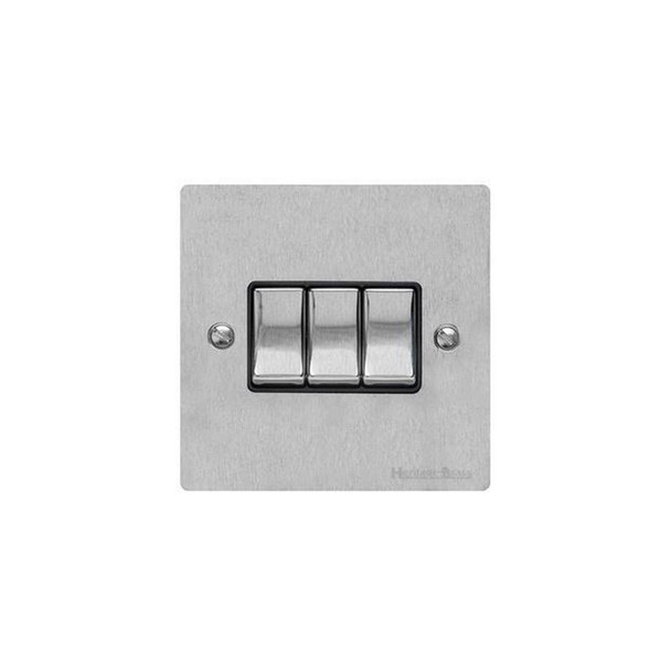 Elite Flat Plate Range 3 Gang Rocker Switch (10 Amp) in Satin Chrome  - Black Trim