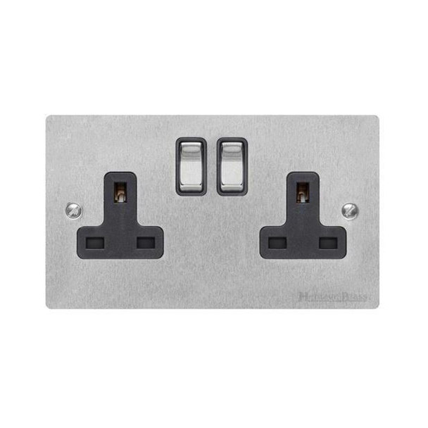 Elite Flat Plate Range Double Socket (13 Amp) in Satin Chrome  - Black Trim