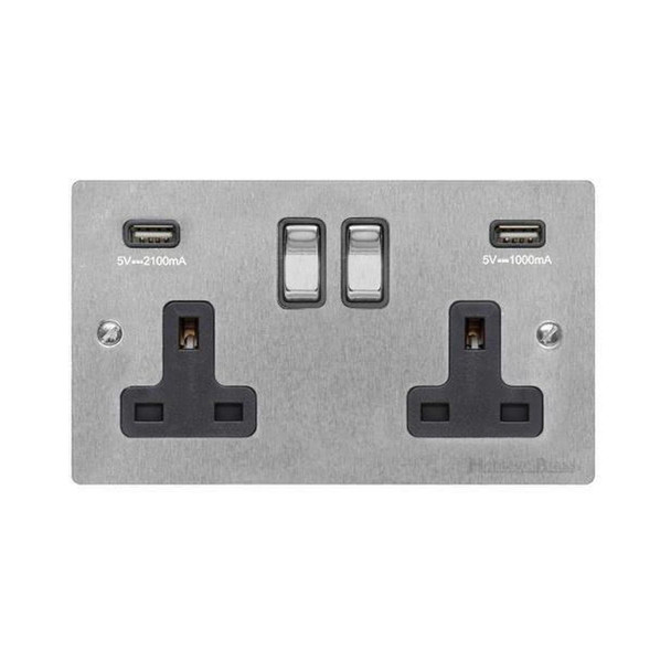 Elite Flat Plate Range Double USB Socket (13 Amp) in Satin Chrome  - Black Trim