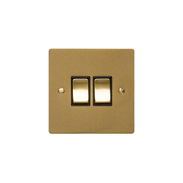 Elite Flat Plate Range 2 Gang Rocker Switch (10 Amp) in Satin Brass  - Black Trim