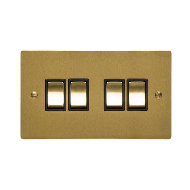 Elite Flat Plate Range 4 Gang Rocker Switch (10 Amp) in Satin Brass  - Black Trim