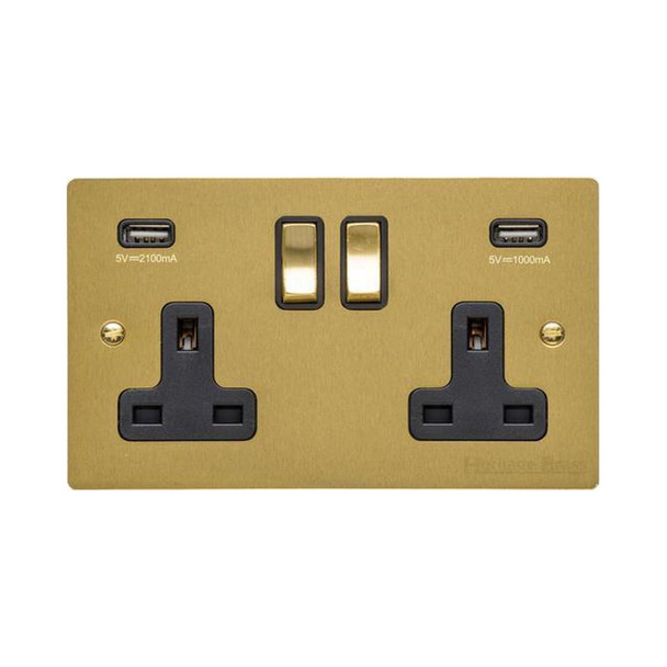 Elite Flat Plate Range Double USB Socket (13 Amp) in Satin Brass  - Black Trim