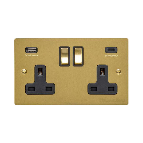Elite Flat Plate Range 2G 13A Socket with USB-A & USB-C in Satin Brass  - Black Trim