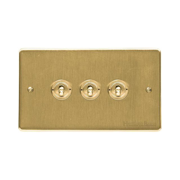 Elite Flat Plate Range 3 Gang Toggle Switch in Satin Brass  - Trimless