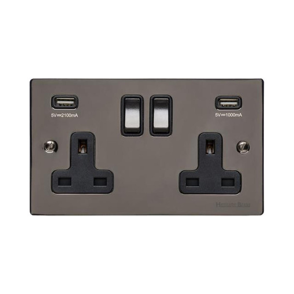 Elite Flat Plate Range Double USB Socket (13 Amp) in Polished Black Nickel  - Black Trim