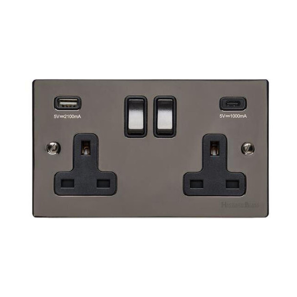 Elite Flat Plate Range 2G 13A Socket with USB-A & USB-C in Polished Black Nickel  - Black Trim