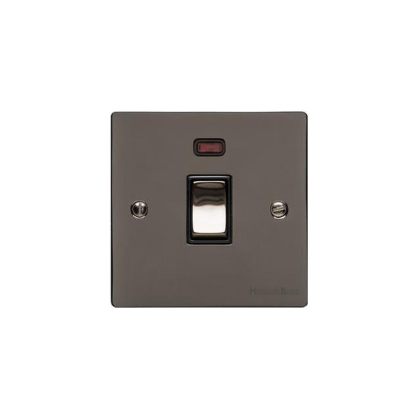 Elite Flat Plate Range 20A Double Pole Switch with Neon in Polished Black Nickel  - Black Trim