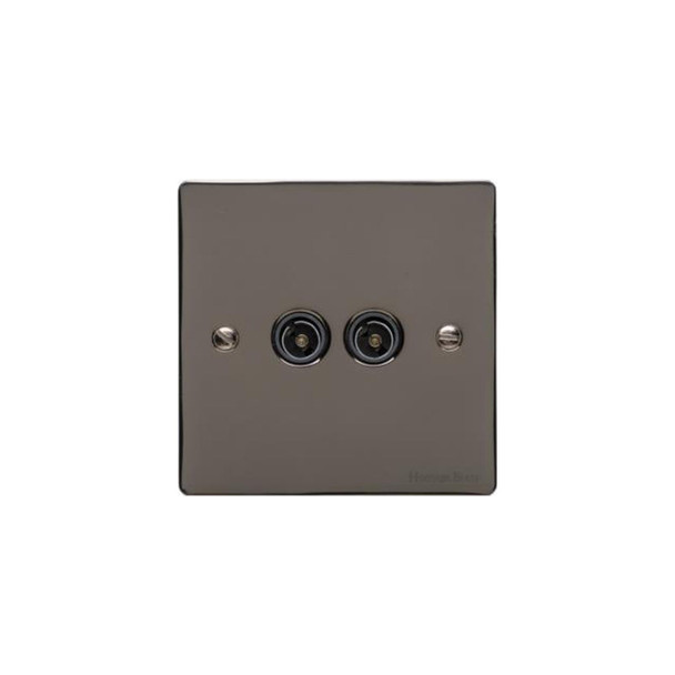 Elite Flat Plate Range 2 Gang TV Coaxial Socket in Polished Black Nickel  - Black Trim