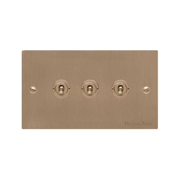 Elite Flat Plate Range 3 Gang Toggle Switch in Antique Brass  - Trimless