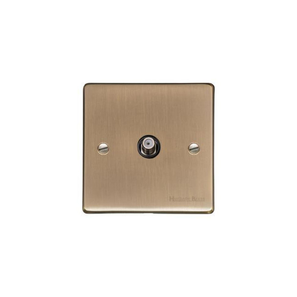 Elite Flat Plate Range 1 Gang Satellite Socket in Antique Brass  - Black Trim