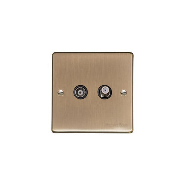 Elite Flat Plate Range TV/Satellite Socket in Antique Brass  - Black Trim