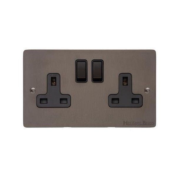 Premium Sockets I Elite Flat Plate Range Double Socket (13 Amp) in Matt Bronze  - Black Trim