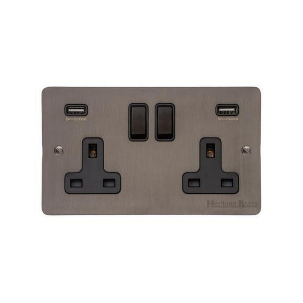 Elite Flat Plate Range Double USB Socket (13 Amp) in Matt Bronze  - Black Trim