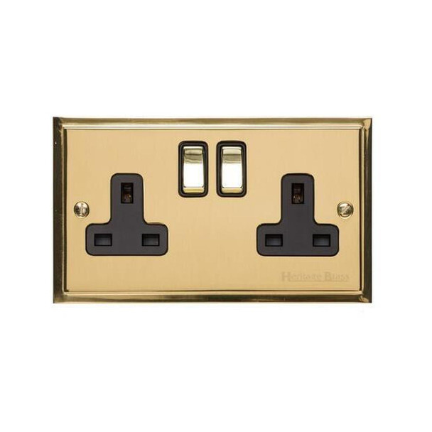 Elite Stepped Plate Range Double Socket (13 Amp) in Polished Brass  - Black Trim