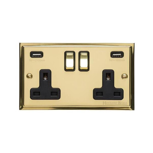 Elite Stepped Plate Range Double USB Socket (13 Amp) in Polished Brass  - Black Trim