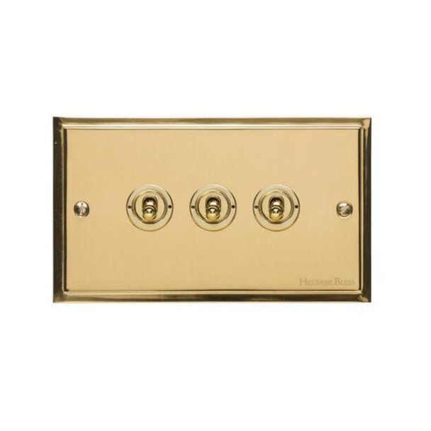 Elite Stepped Plate Range 3 Gang Toggle Switch in Polished Brass  - Trimless