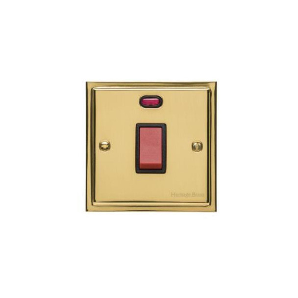 Elite Stepped Plate Range 45A DP Cooker Switch with Neon (single plate) in Polished Brass  - Black Trim