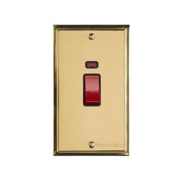 Elite Stepped Plate Range 45A DP Cooker Switch with Neon (tall plate) in Polished Brass  - Black Trim