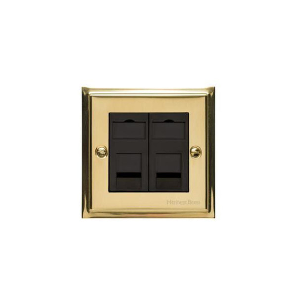 Elite Stepped Plate Range 2 Gang Secondary Line Socket in Polished Brass  - Black Trim