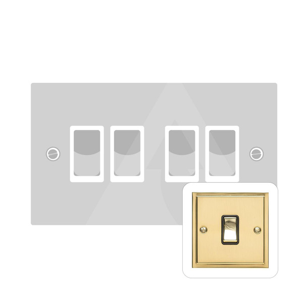 Elite Stepped Plate Range 4 Gang Rocker Switch (10 Amp) in Polished Brass  - White Trim